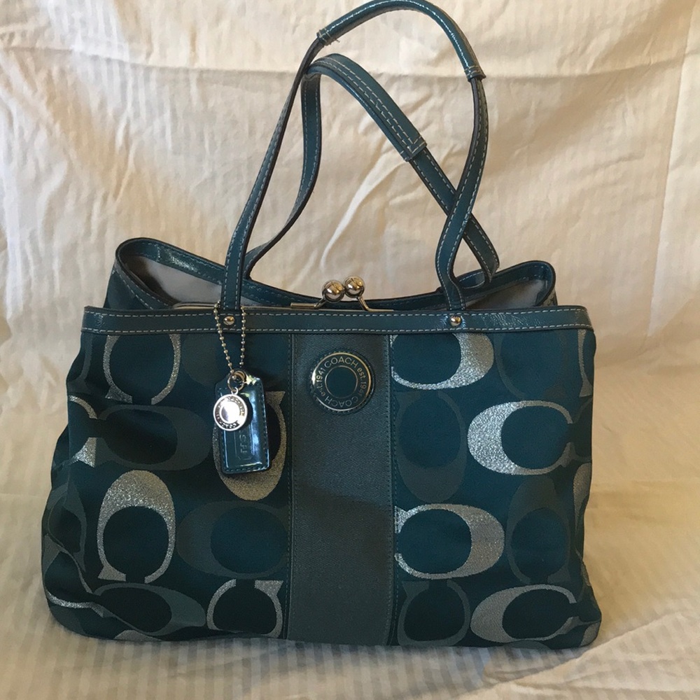 Coach Teal Fabric Satchel with Patent leather trim